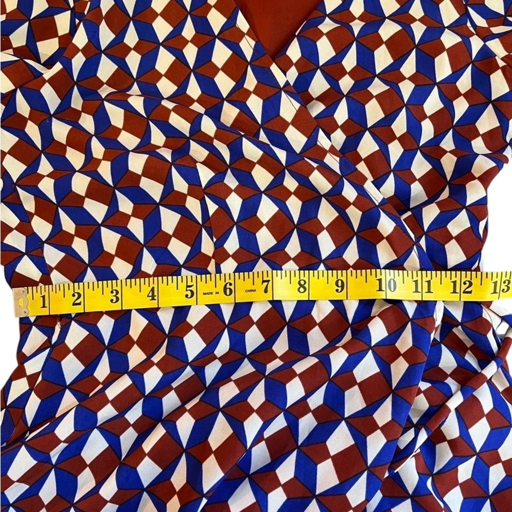 Geometric Blue,Burgundy Patterned Long Sleeve,Wrap Dress,Small - Picture 7 of 9
